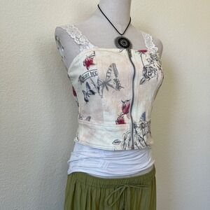 Bustier Corset Top M Rose Butterfly Zip Front Dark Romantic Emo Tattoo Grunge